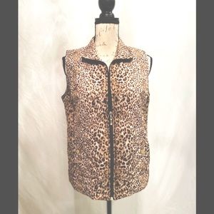 Allison Daley Neutral Animal Print Front Zipper Collar Light Puff Detail Vest